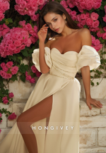 Sweet Beaded Off-Shoulder A-Line Satin Wedding Dress Floor Lenghth