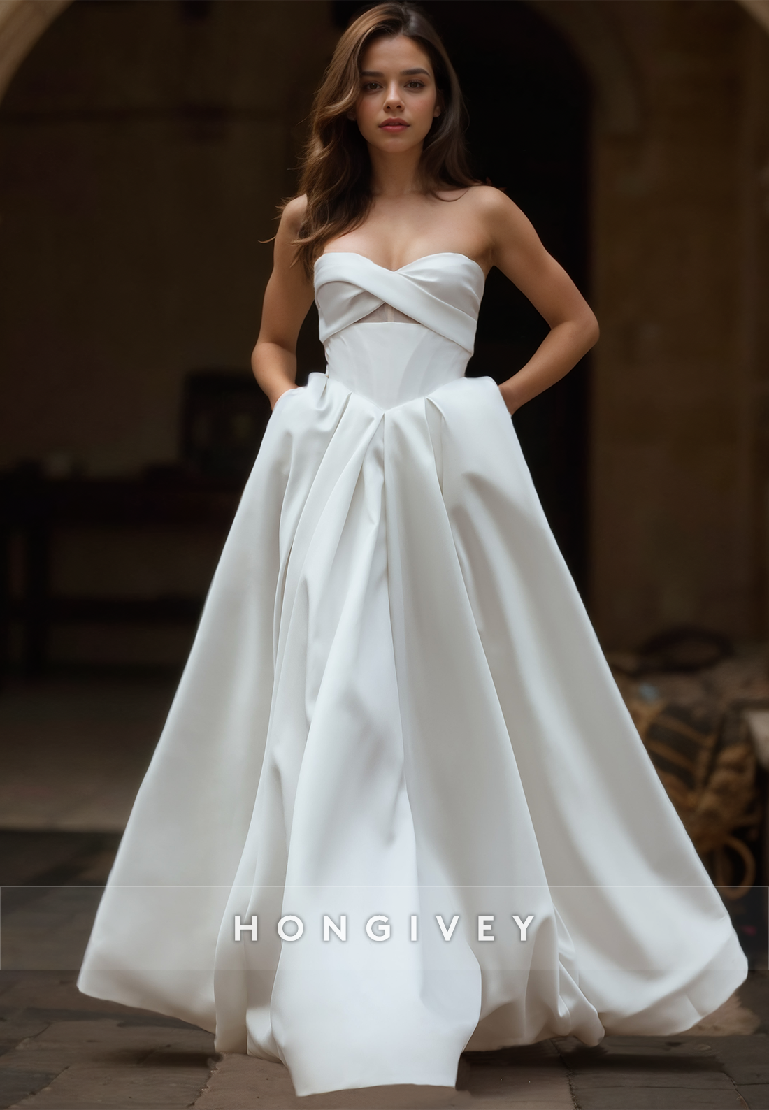 Classic Strapless A-Line Floor Length Satin Wedding Dress