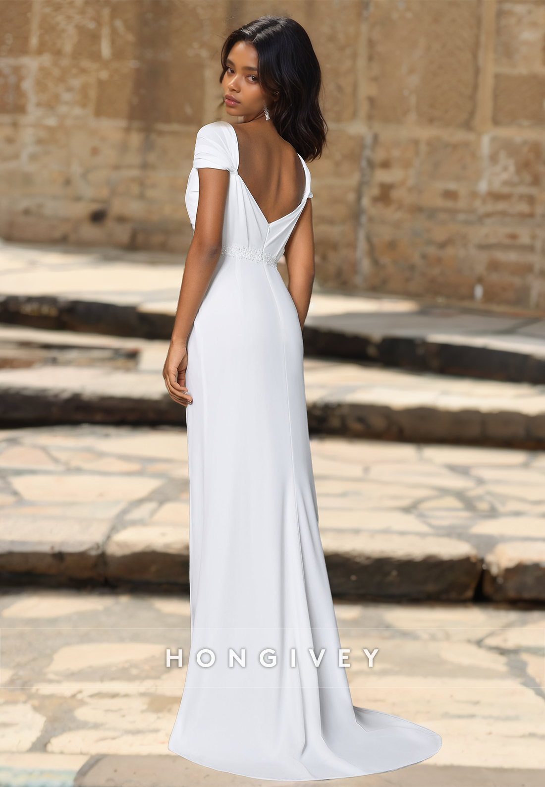 Fashional Satin Short Sleeves Trumpet Wedding Dress with Side Slit