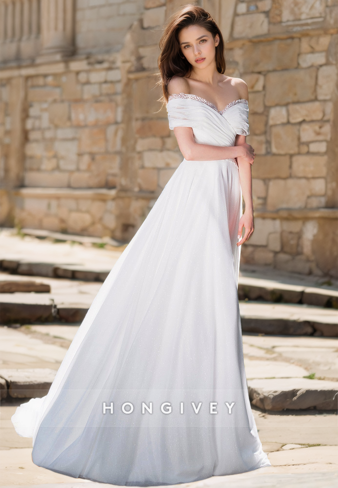 Elegant Off-Shoulder A-Line Tulle Wedding Dress