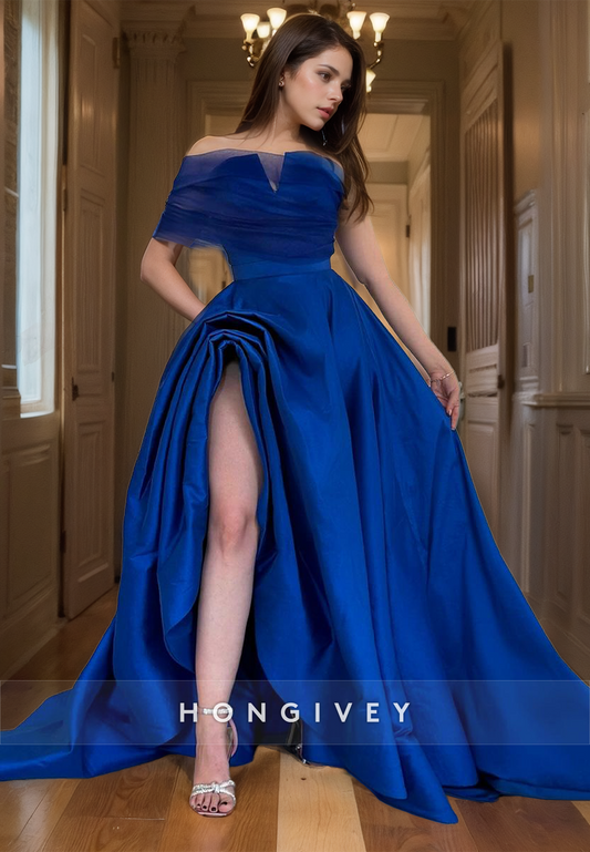 A-Line Satin Royal Blue Evening Party Gown Off-Shoulder Pleated Elegant Prom Dress with High Slit