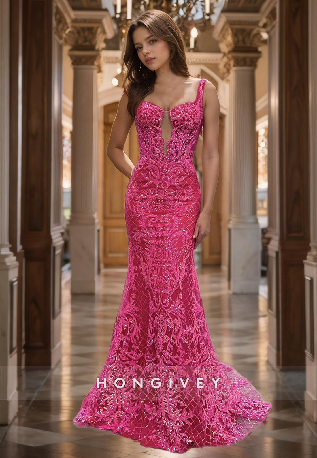 Luxurious Fuchsia Lace Mermaid Prom Dress Spaghetti Straps Floor Length Cocktail Dress