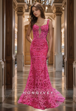 Luxurious Fuchsia Lace Mermaid Prom Dress Spaghetti Straps Floor Length Cocktail Dress