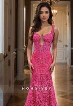 Luxurious Fuchsia Lace Mermaid Prom Dress Spaghetti Straps Floor Length Cocktail Dress