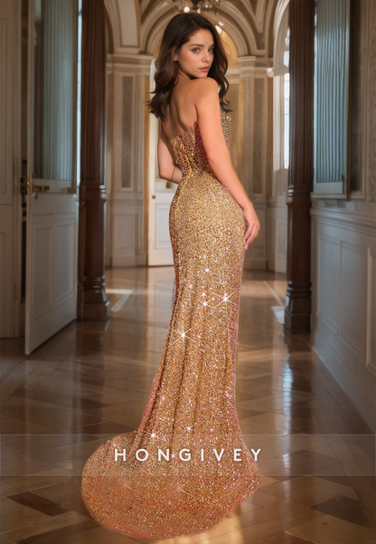 Strapless Sweetheart Gorgeous Gold Mermaid Party Dress Sparkly Sequined Cocktail Dress with Slit