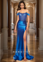 Mermaid Scoop Satin Royal Blue Party Dress Off-Shoulder Floor Length Satin Beads Prom Gown