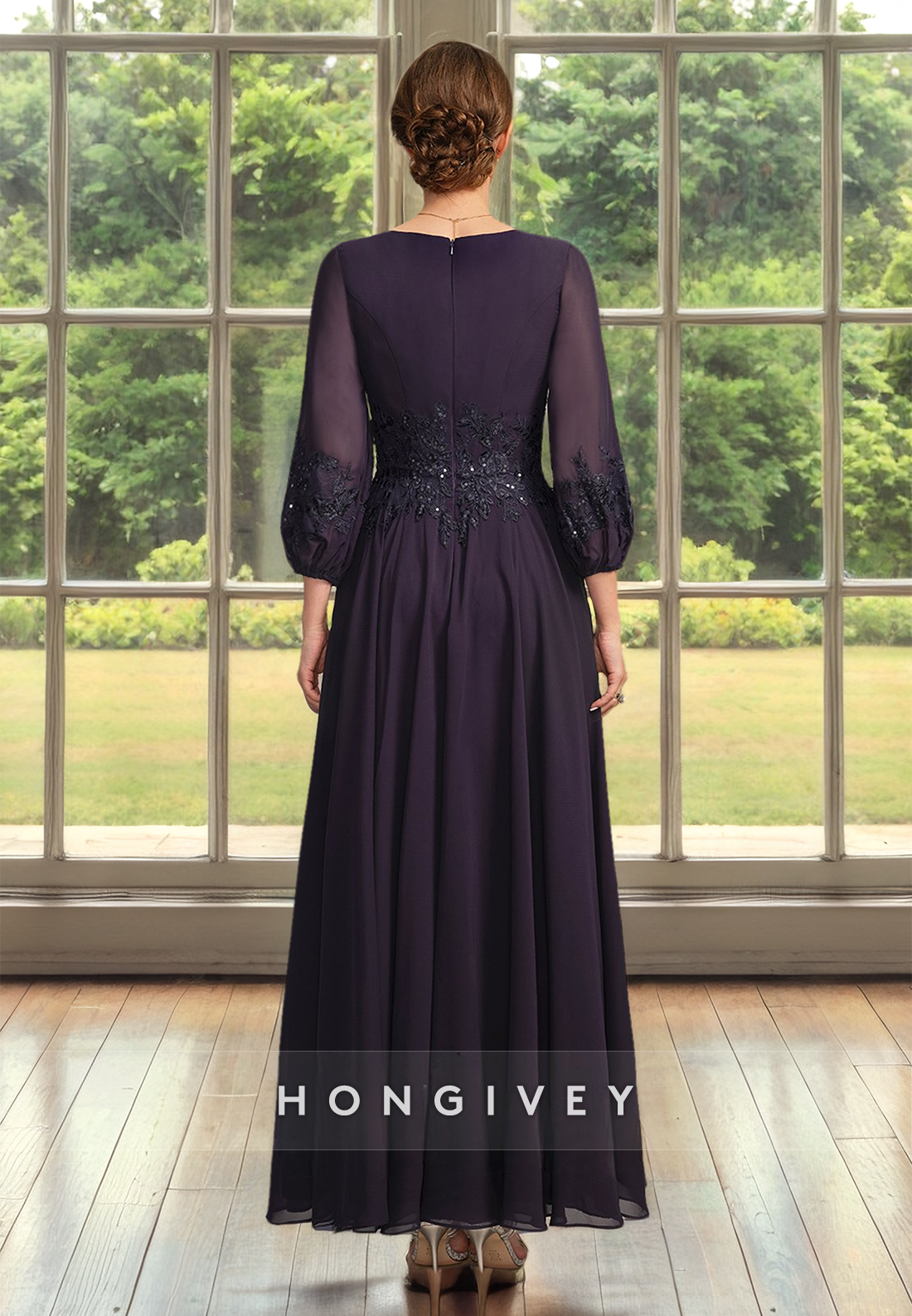 Solid Chiffon A-Line Mother of the Bride/Groom Dress with Long Sleeves