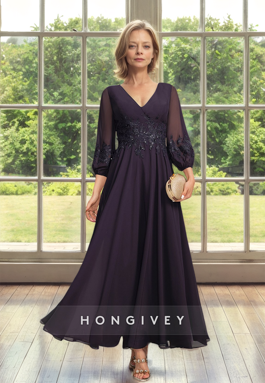 Solid Chiffon A-Line Mother of the Bride/Groom Dress with Long Sleeves