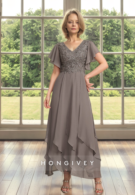 Simple Solid Lace Applique Chiffon A-Line Mother of the Bride/Groom Dress