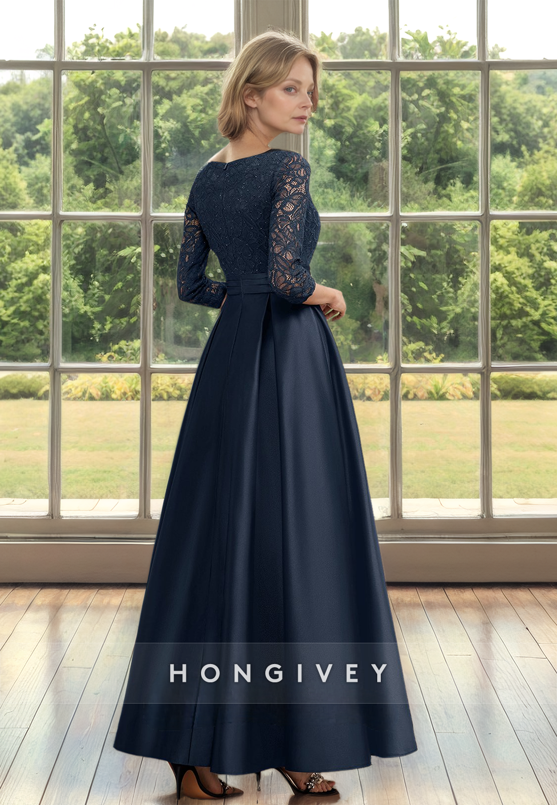 Black 3/4 sleeves A-Line Lace Mother of the Bride/Groom Dress