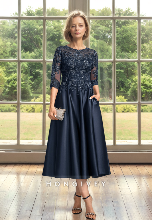 Beaded Black 3/4 sleeves Lace Applique A-Line Mother of the Bride/Groom Dress