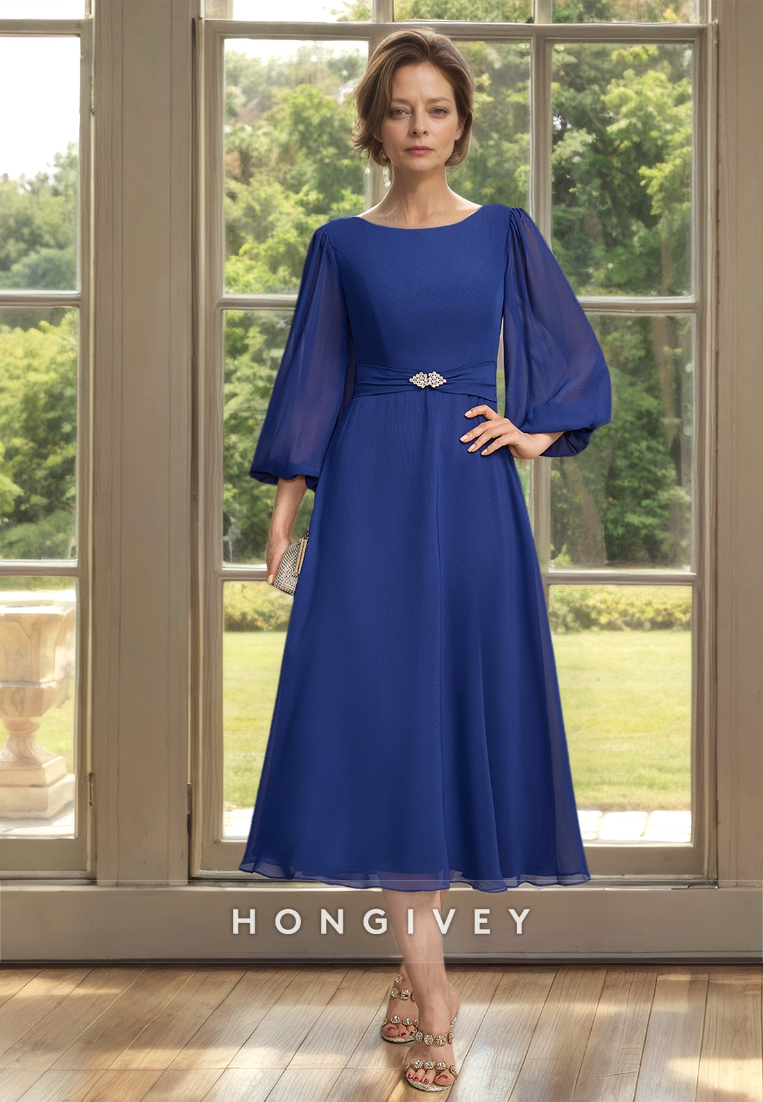 Classic Royal Blue Long Sleeves A-Line Chiffon Mother of the Bride/Groom Dress with Belt