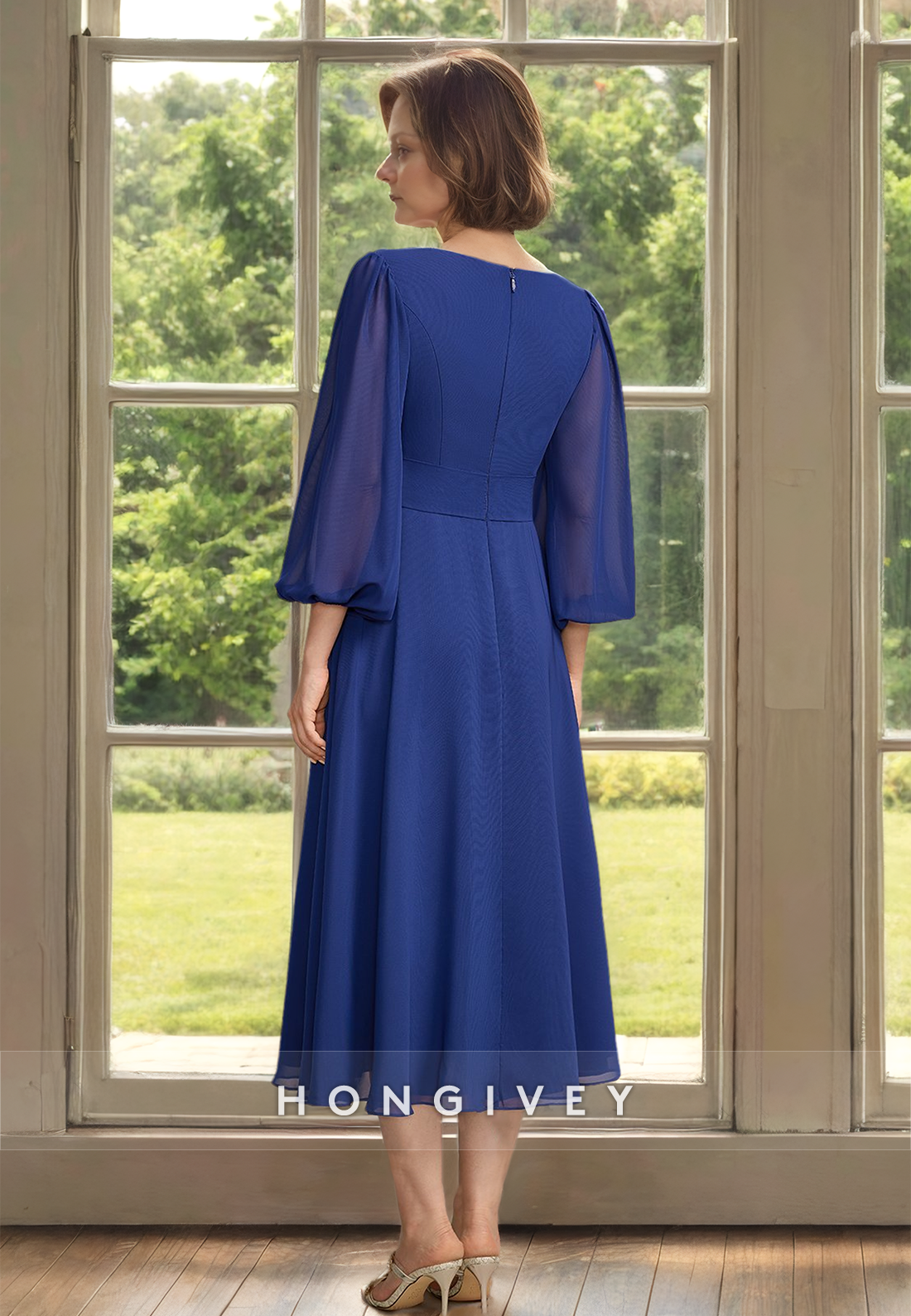 Classic Royal Blue Long Sleeves A-Line Chiffon Mother of the Bride/Groom Dress with Belt