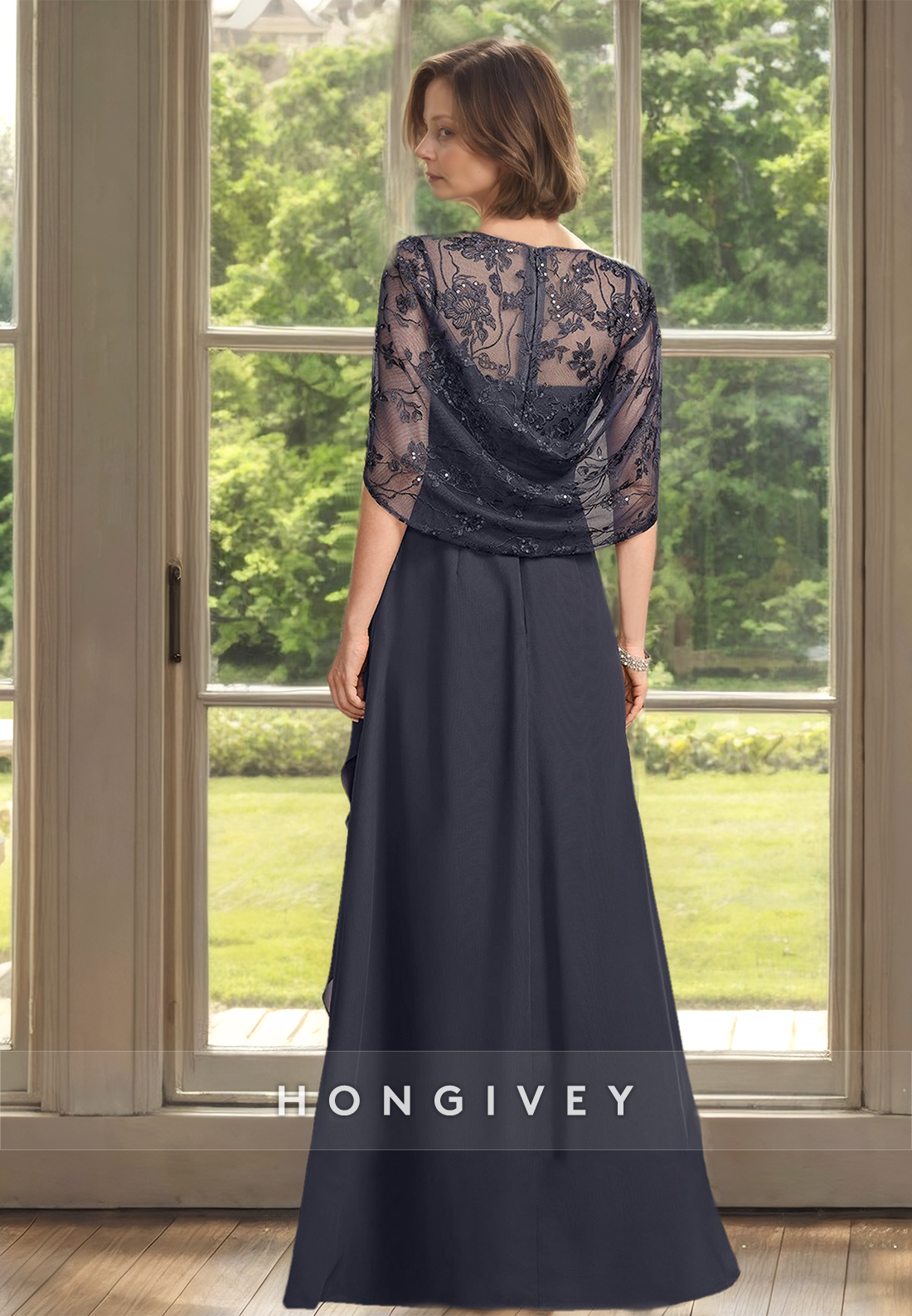 2 Piece Set Black Lace Applique Chiffon Mother of the Bride/Groom Dress