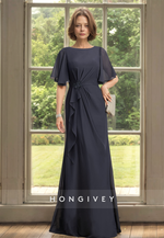 Simple Black Ruched Chiffon Sheath Mother of the Bride/Groom Dress with Short Sleeves