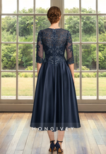 Beaded Black 3/4 sleeves Lace Applique A-Line Mother of the Bride/Groom Dress