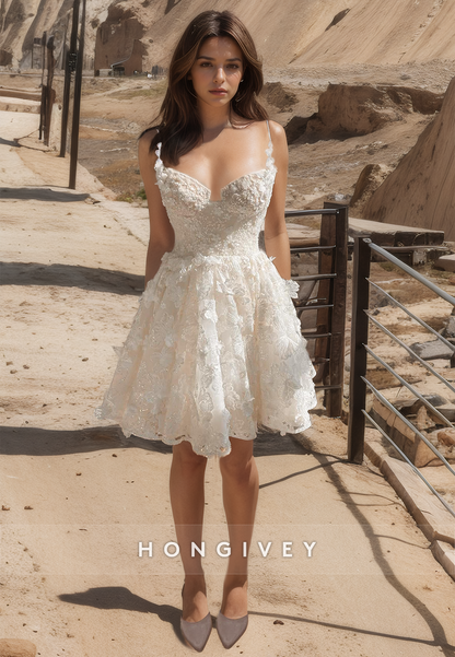 Sexy A-Line Sweetheart Spaghetti Straps Floral Embellished Wedding Dress