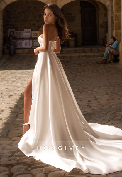 Simple & Casual Satin Sweetheart Strapless Bowknot Illusion With Train Wedding Dress