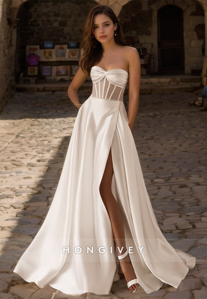 Simple & Casual Satin Sweetheart Strapless Bowknot Illusion With Train Wedding Dress