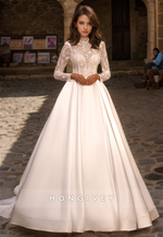 Classic & Timeless Paneled Gown Lace Illusion High Scoop Long Sleeves Wedding Dress