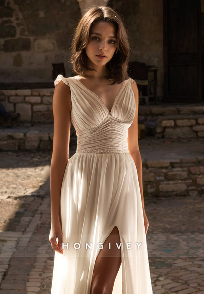 Sexy V-Neck Sleeveless Empire Ruched With Side Slit Train Wedding Dress