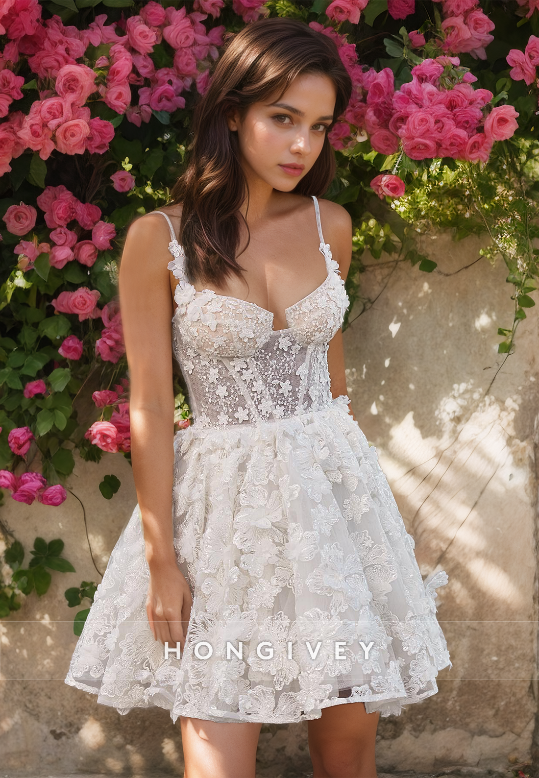 Sexy A-Line Sweetheart Spaghetti Straps Floral Embellished Wedding Dress