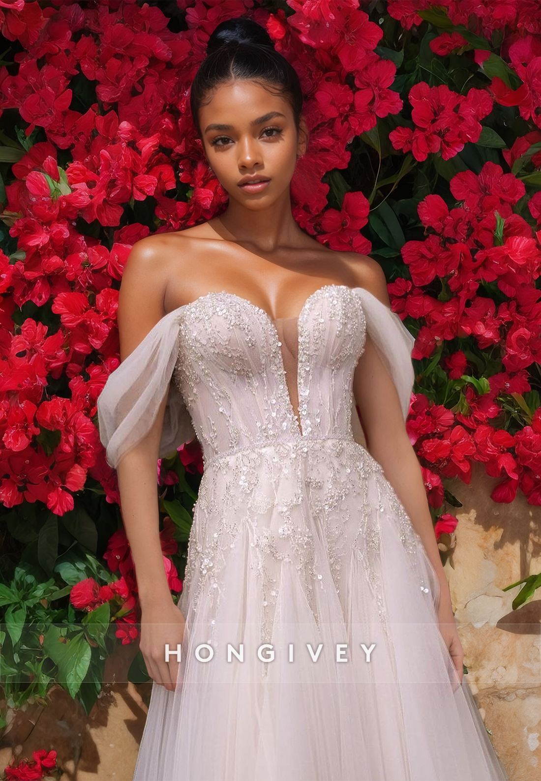 Chic Tulle A-Line Off-Shoulder Plunging  V-Neck Beaded With Train Wedding Dress