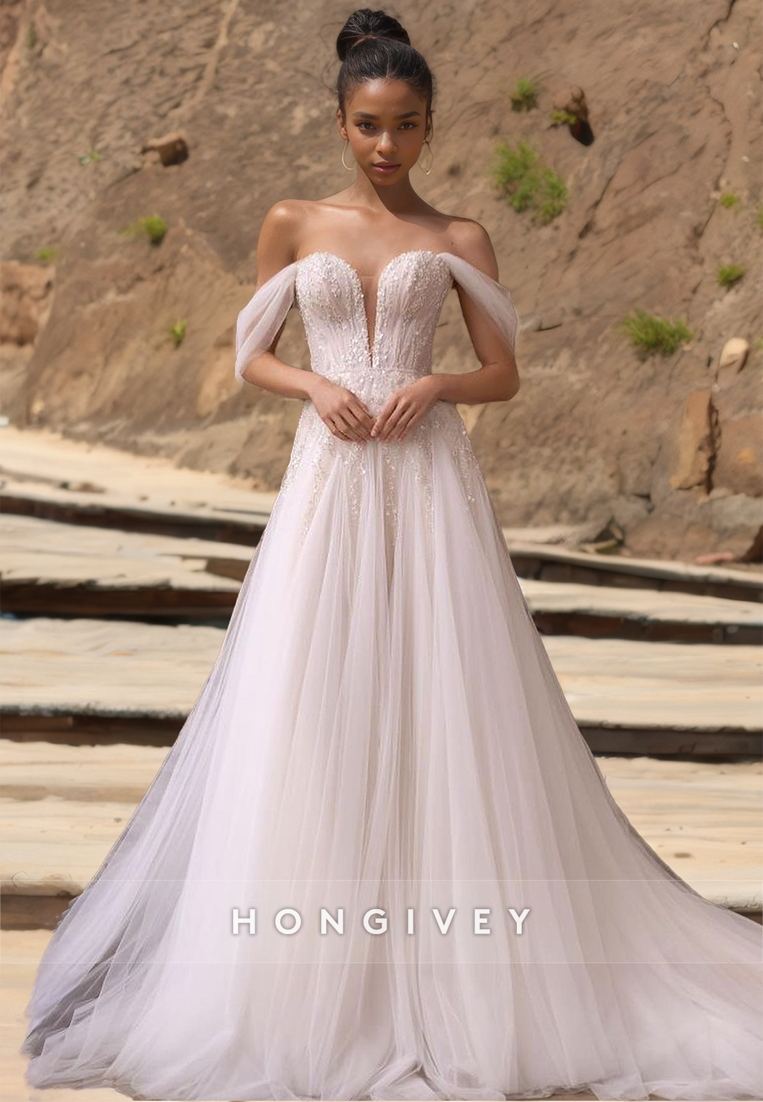 Chic Tulle A-Line Off-Shoulder Plunging  V-Neck Beaded With Train Wedding Dress