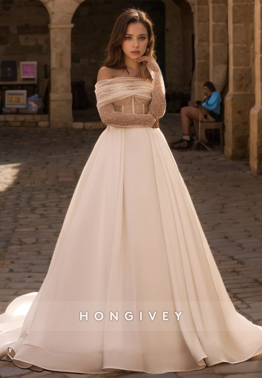 Glamorous & Dramatic Illusion Detachable Off-Shoulder Long Sleeves Wedding Dress