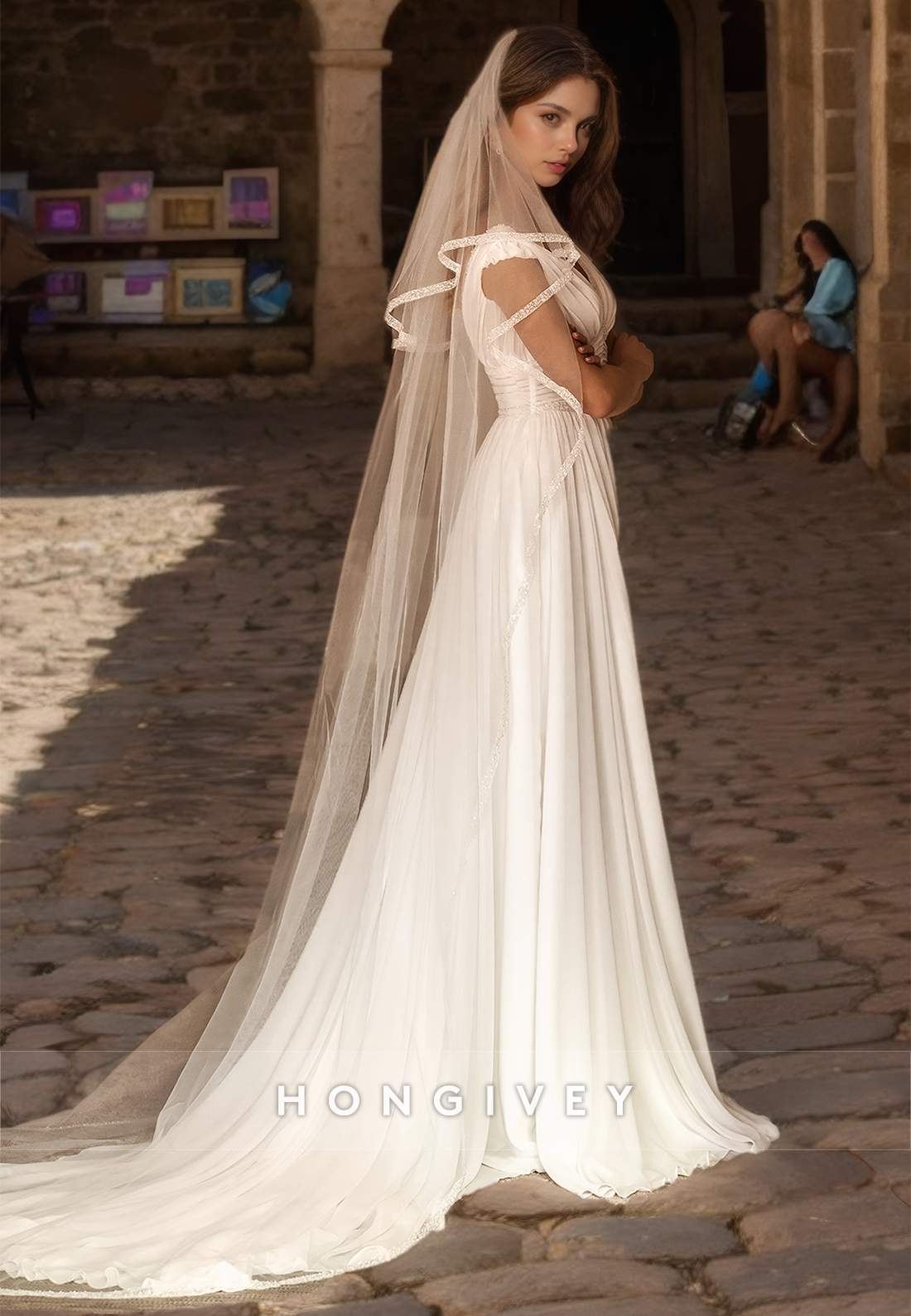 Sexy V-Neck Sleeveless Empire Ruched With Side Slit Train Wedding Dress