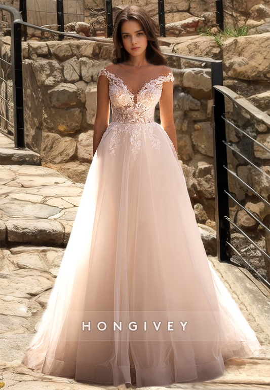 Classic & Timeless Plunging Illusion Appliques Empire A-Line Tulle Boho Wedding Dress