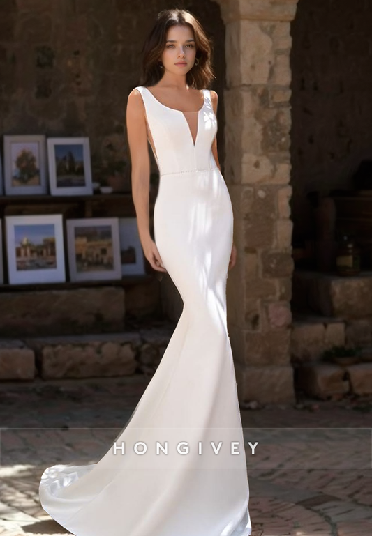 Chic Satin Trumpt V-Neck Straps Sleeveless With Train Boho/Beach Wedding Dress