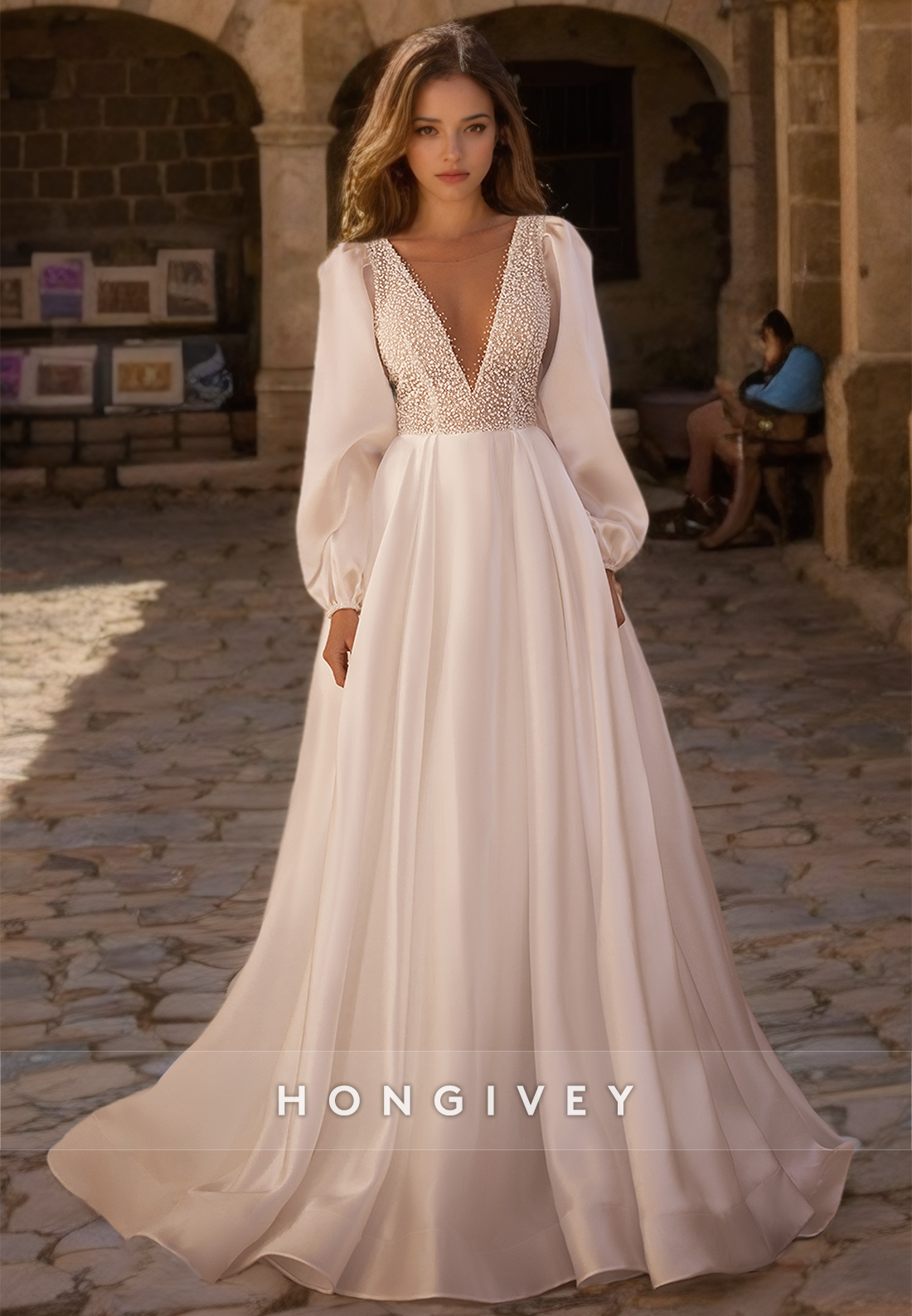 Classic Plunging Illusion Long Sleeves Beaded Embellished Boho Wedding Dress