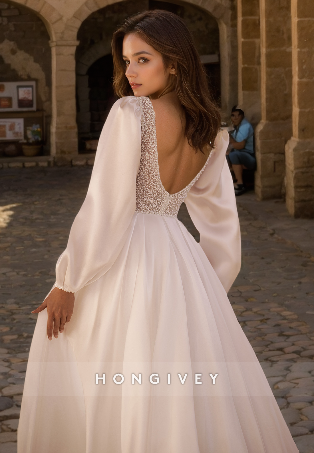 Classic Plunging Illusion Long Sleeves Beaded Embellished Boho Wedding Dress