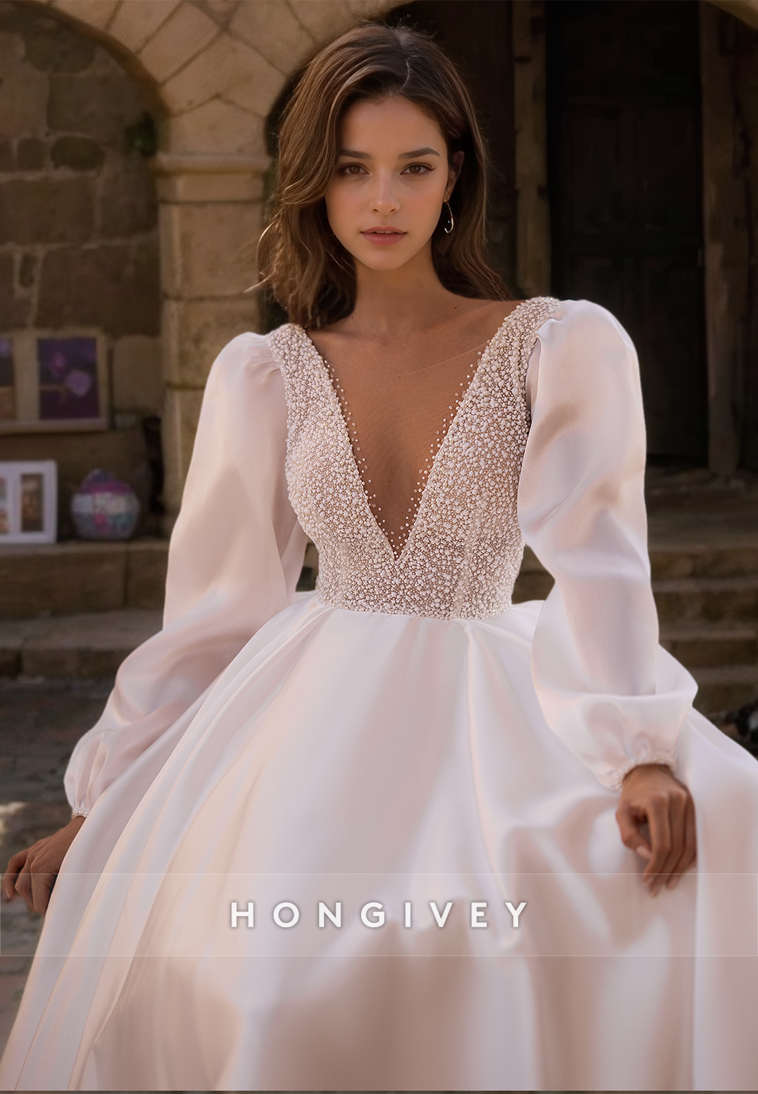 Classic Plunging Illusion Long Sleeves Beaded Embellished Boho Wedding Dress