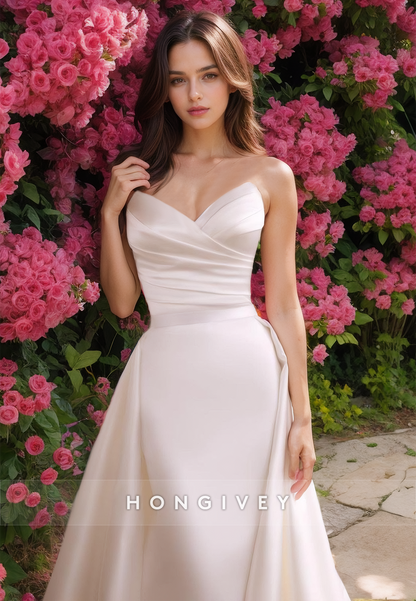 Sexy Fitted Satin V-Neck Strapless Ruched Detachable Overskirt Wedding Dress