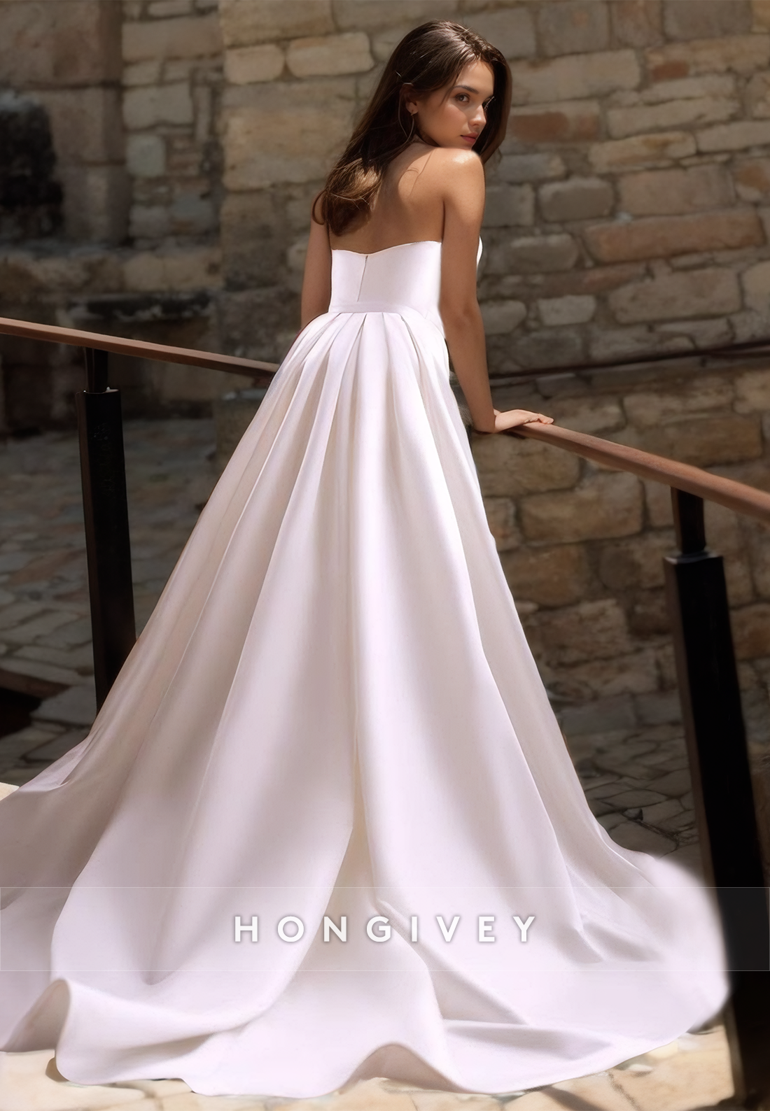 Sexy Fitted Satin V-Neck Strapless Ruched Detachable Overskirt Wedding Dress