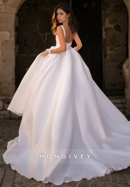 Sexy Satin A-Line Bateau Spaghetti Straps With Pockets Train Wedding Dress