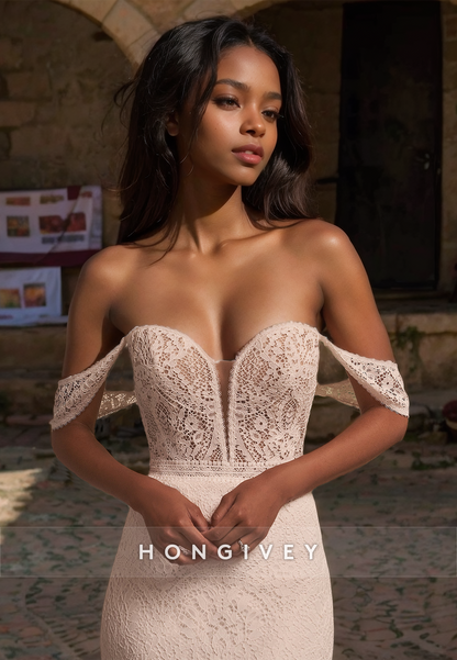 Sexy Trumpt V-Neck Off-Shoulder With Train Boho Wedding Dress