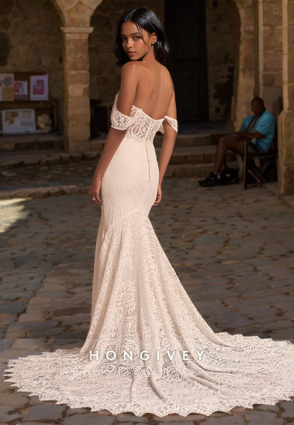 Sexy Trumpt V-Neck Off-Shoulder With Train Boho Wedding Dress