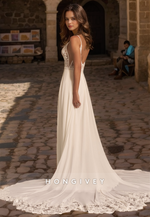 Elegant A-Line V-Neck Spaghetti Straps Illusion With Train Wedding Dress