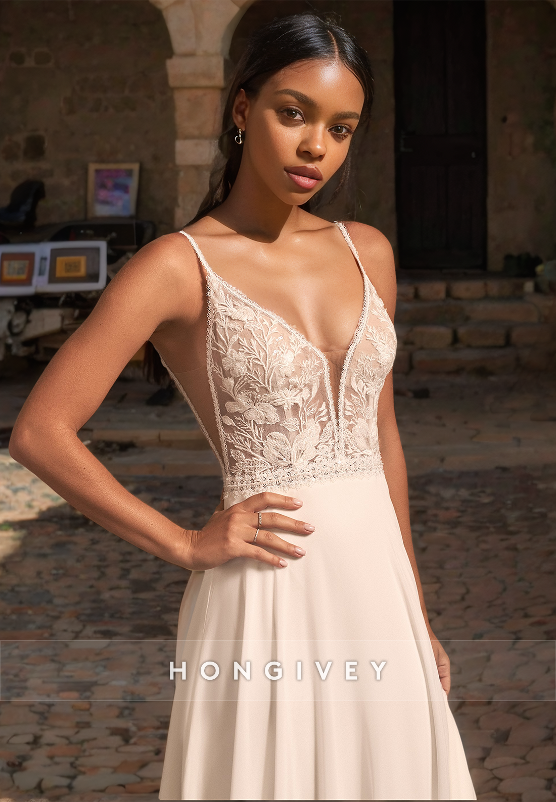 Elegant A-Line V-Neck Spaghetti Straps Illusion With Train Wedding Dress