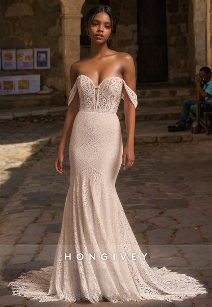 Sexy Trumpt V-Neck Off-Shoulder With Train Boho Wedding Dress