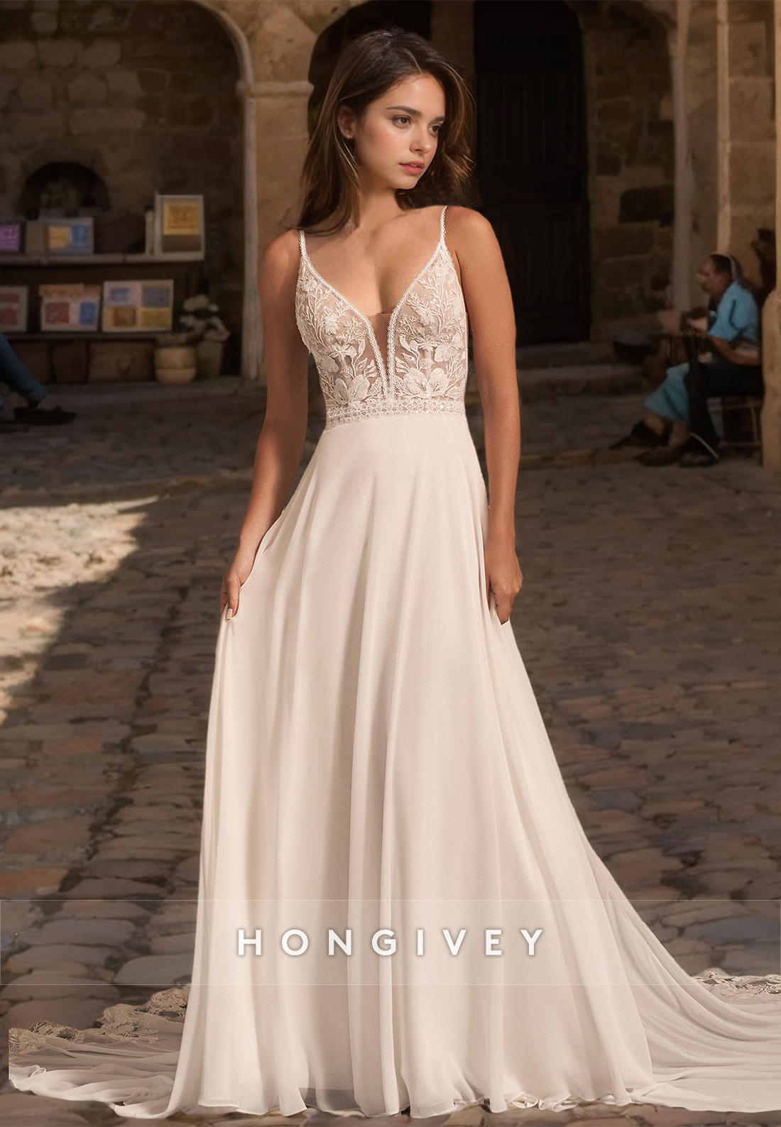 Elegant A-Line V-Neck Spaghetti Straps Illusion With Train Wedding Dress