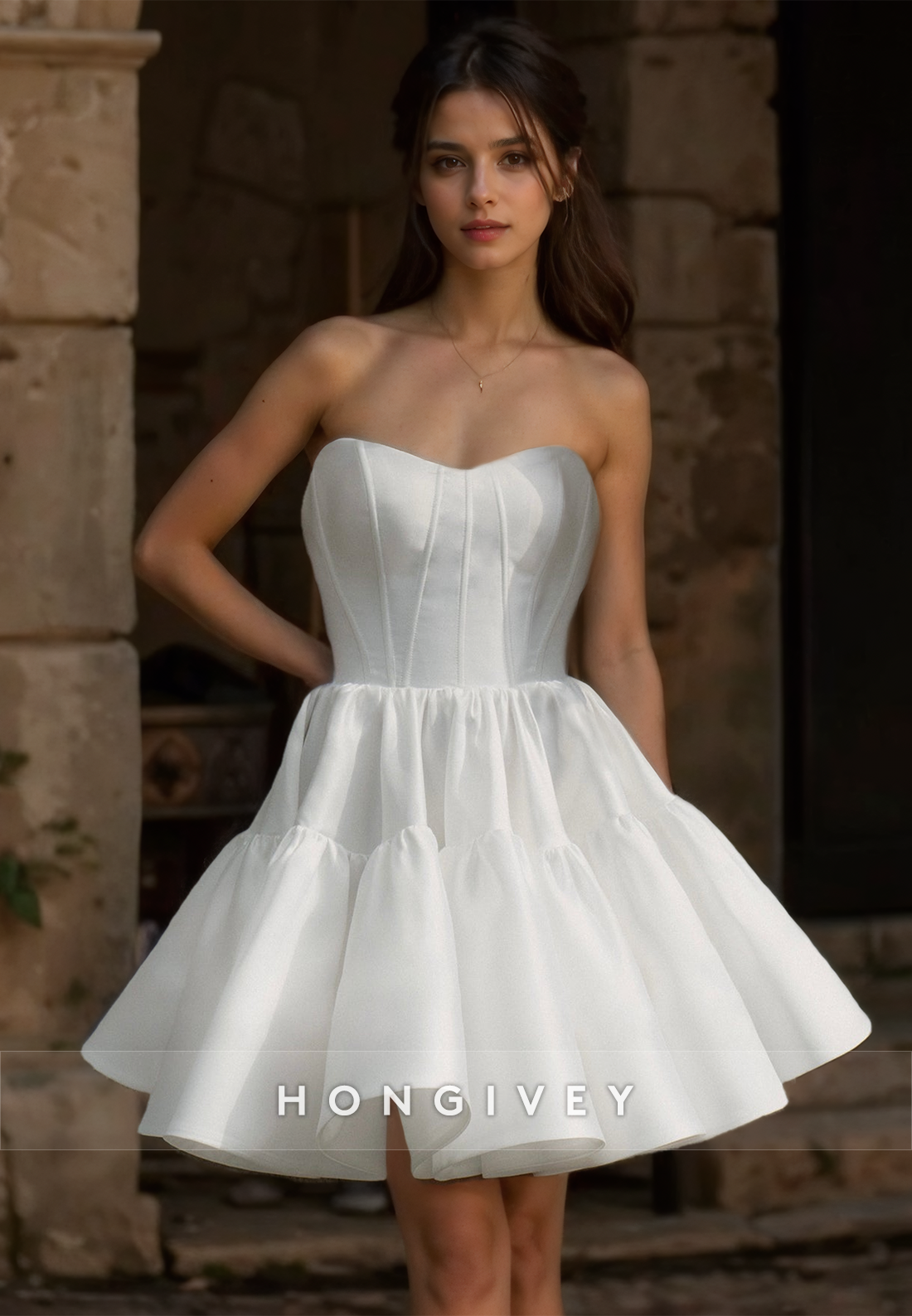 Sexy Satin A-Line Sweetheart Strapless Detachable Puff Sleeves Gown Wedding Dress