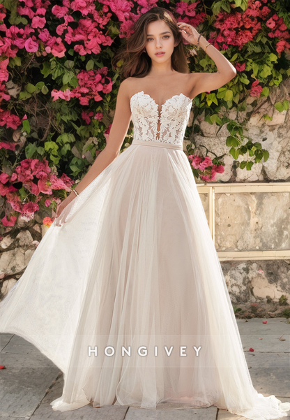 Sexy Illusion Sleeveless Sweetheart Appliques With Overskirt Wedding Dress