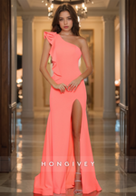 Ruffles One Shoulder Trumpet Side Slit Satin Evening Dress Formal Party Gown