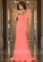 Ruffles One Shoulder Trumpet Side Slit Satin Evening Dress Formal Party Gown