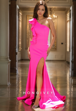 Ruffles One Shoulder Trumpet Side Slit Satin Evening Dress Formal Party Gown