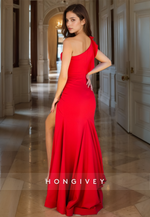 Ruffles One Shoulder Trumpet Side Slit Satin Evening Dress Formal Party Gown